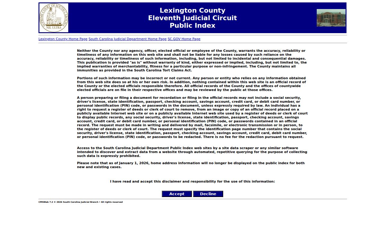 Lexington County criminal court record search fields in the Public Index