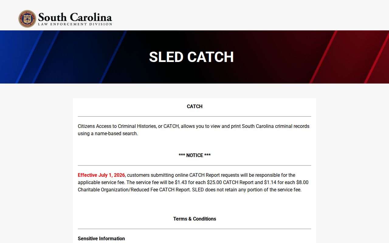Lexington County criminal history access through SLED CATCH terms and fees