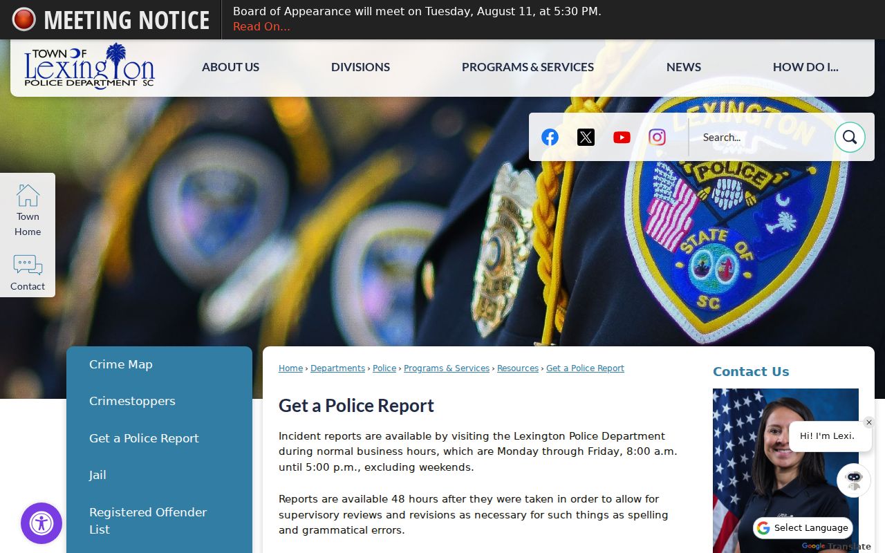 Lexington criminal history police report copy instructions