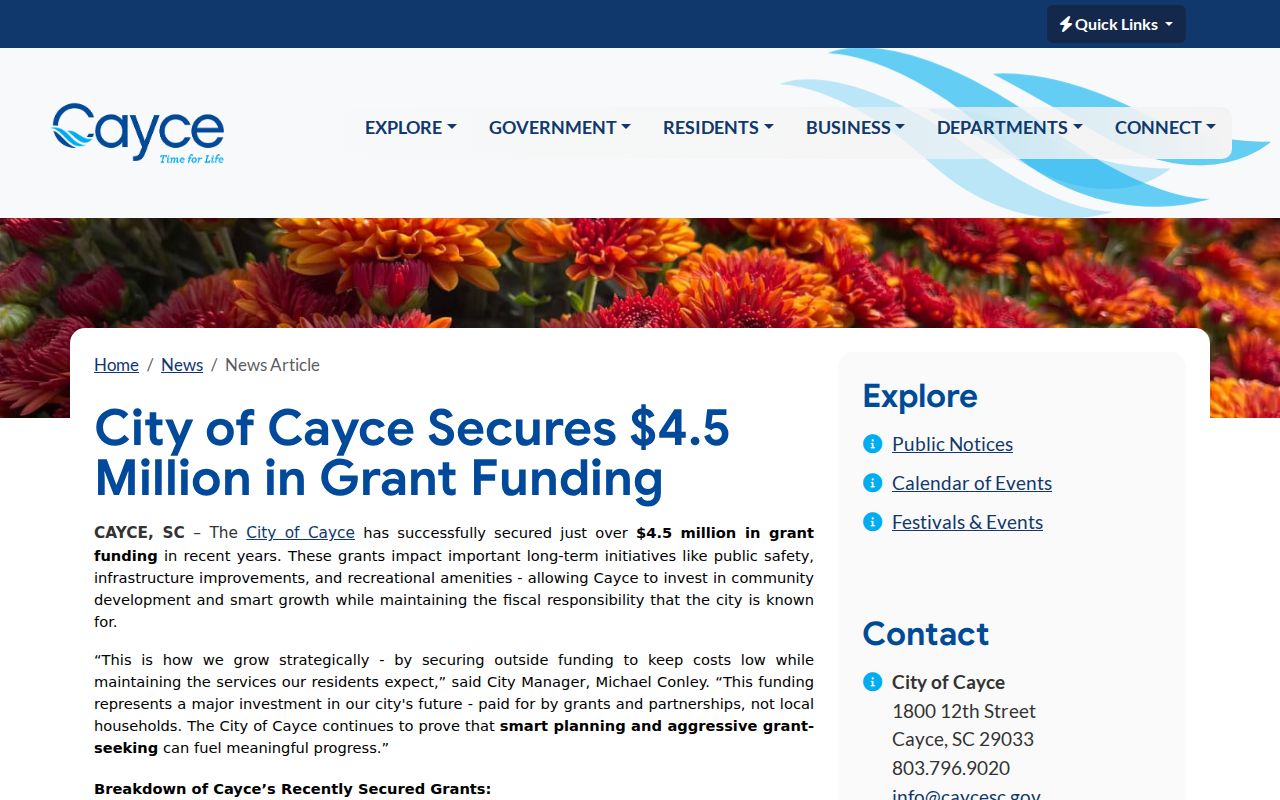Cayce criminal records context from the city public-safety grant announcement